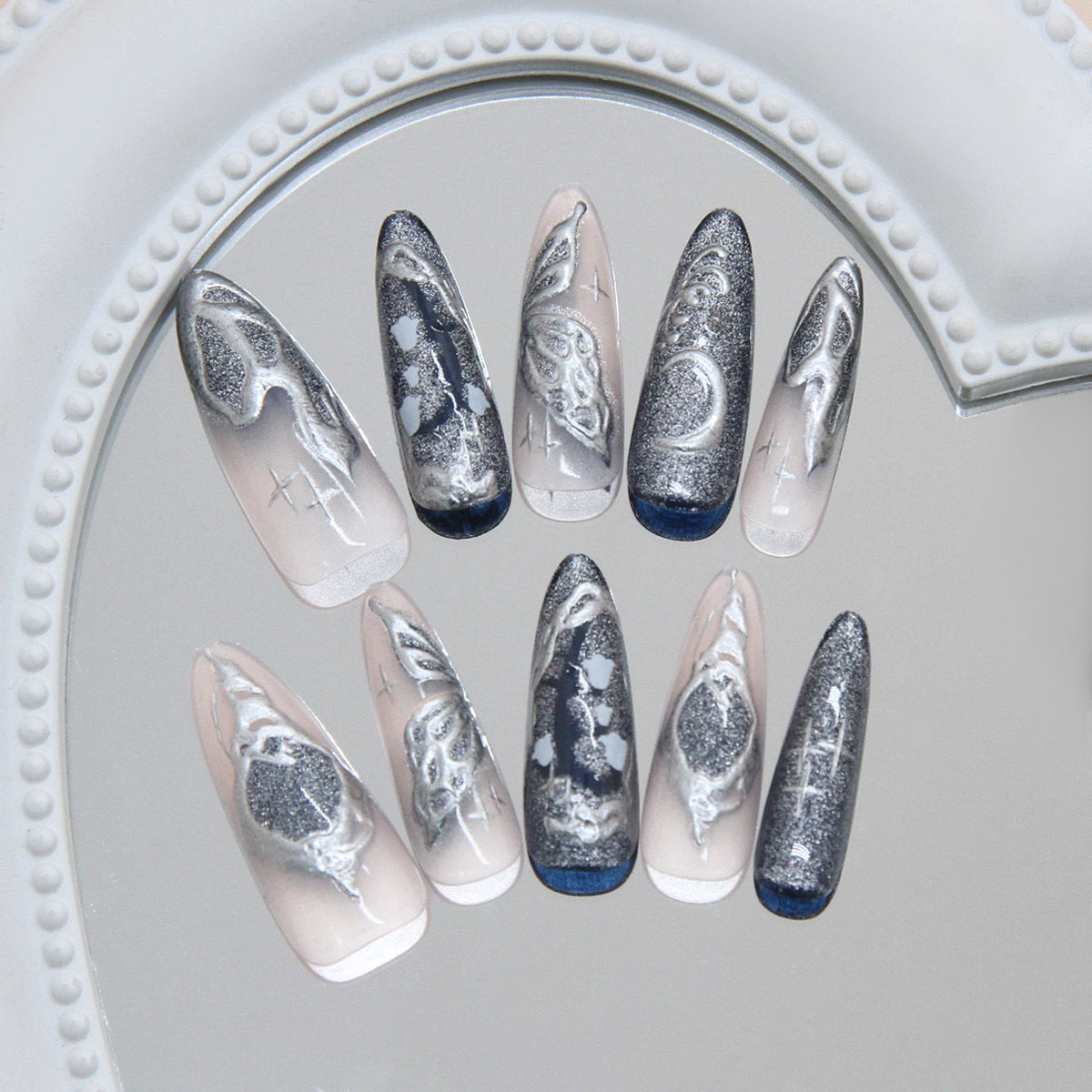 Celestial Elegance Long Stiletto Glittering Silver and Dark Blue Press-On Nail Set with Unique Astral Art Design