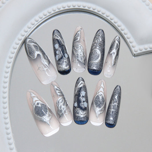 Celestial Elegance Long Stiletto Glittering Silver and Dark Blue Press-On Nail Set with Unique Astral Art Design