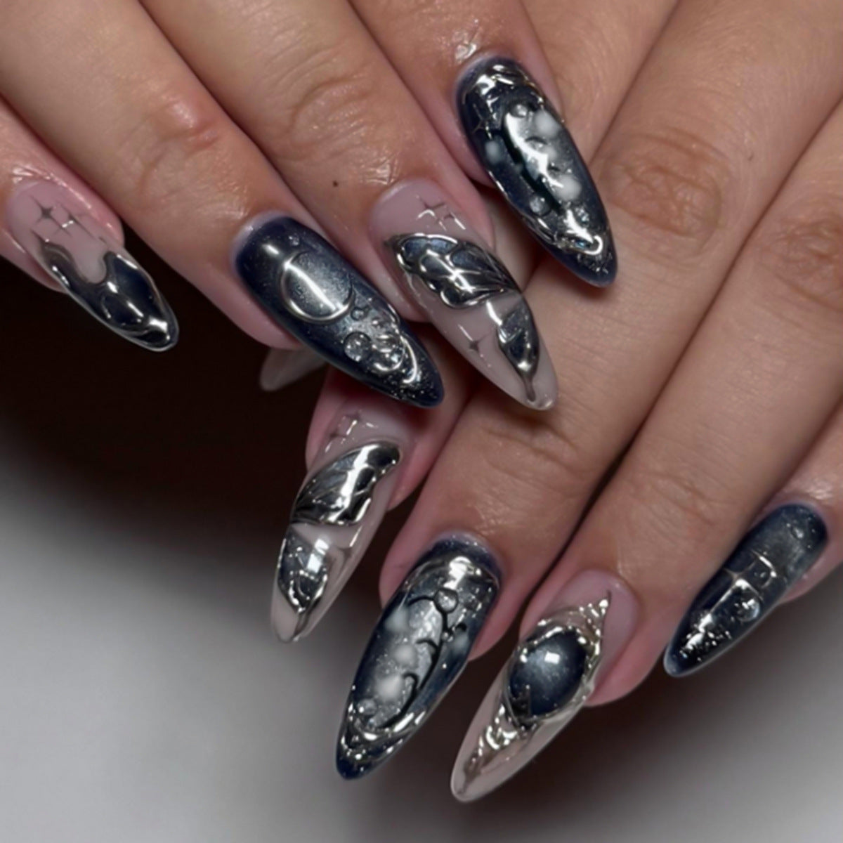 Celestial Elegance Long Stiletto Navy and Silver Metallic Press-On Nail Set with Alluring Textured Finish