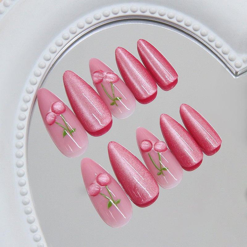 Cherry Blossom Chic Long Stiletto Pink Shimmer Nail Set with Floral Accents
