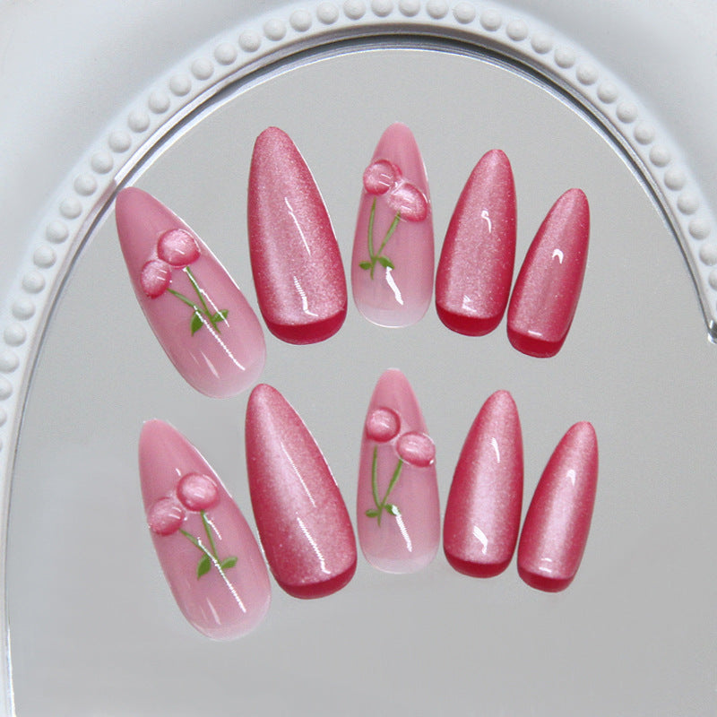 Cherry Blossom Dream Long Stiletto Pink Press On Nail Set Featuring Delicate Floral Accents