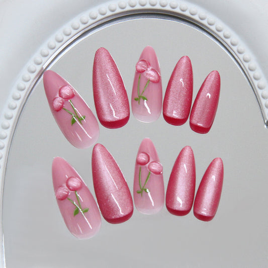Cherry Blossom Dream Long Stiletto Pink Press On Nail Set Featuring Delicate Floral Accents