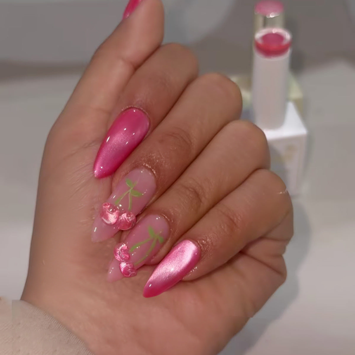 Cherry Blossom Dream Long Stiletto Pink Nail Set with Floral Accents