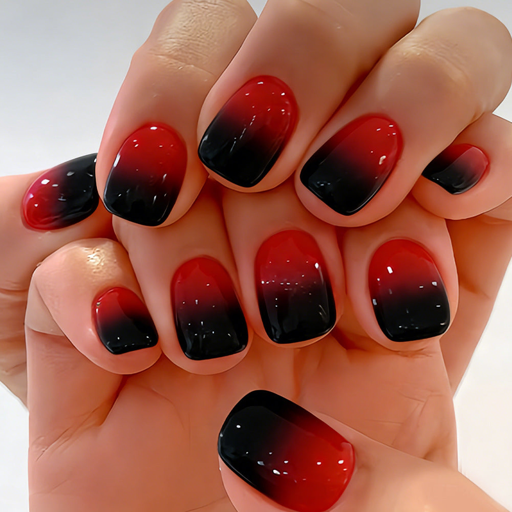 Enchanted Midnight Short Square Press On Nail Set in Ombre Red and Black with Glossy Finish