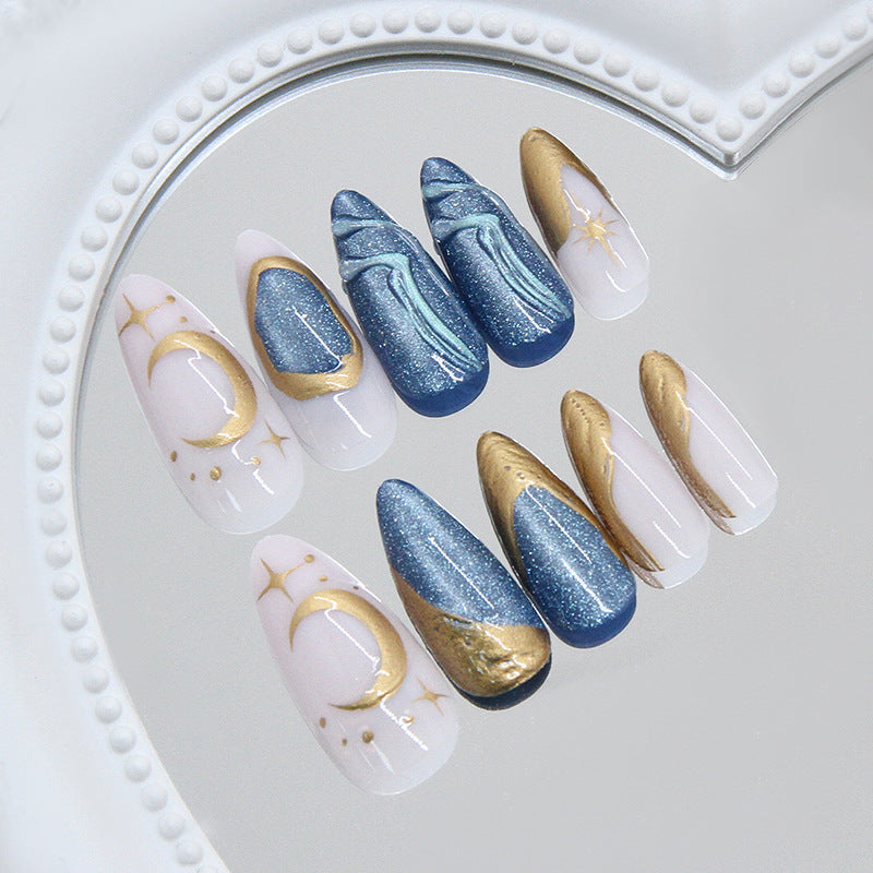 Celestial Dreams Long Almond Blue and White Glittery with Gold Accents Press On Nail Set