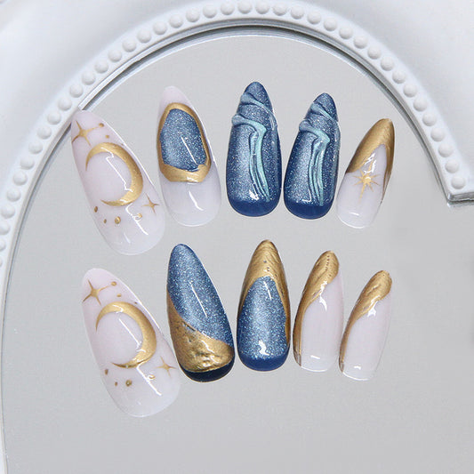 Celestial Glamour Long Almond Shaped Blue and White Gradient Press-On Nail Set with Gold Accents