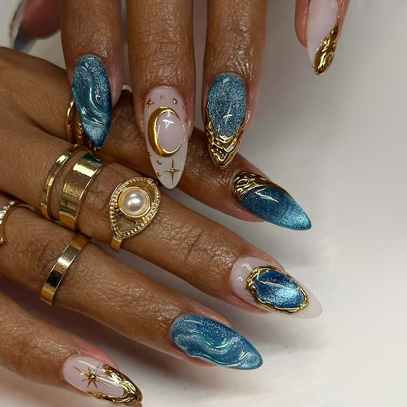 Celestial Dreamscape Long Almond Blue and White Glitter Press On Nail Set with Elegant Gold Accents