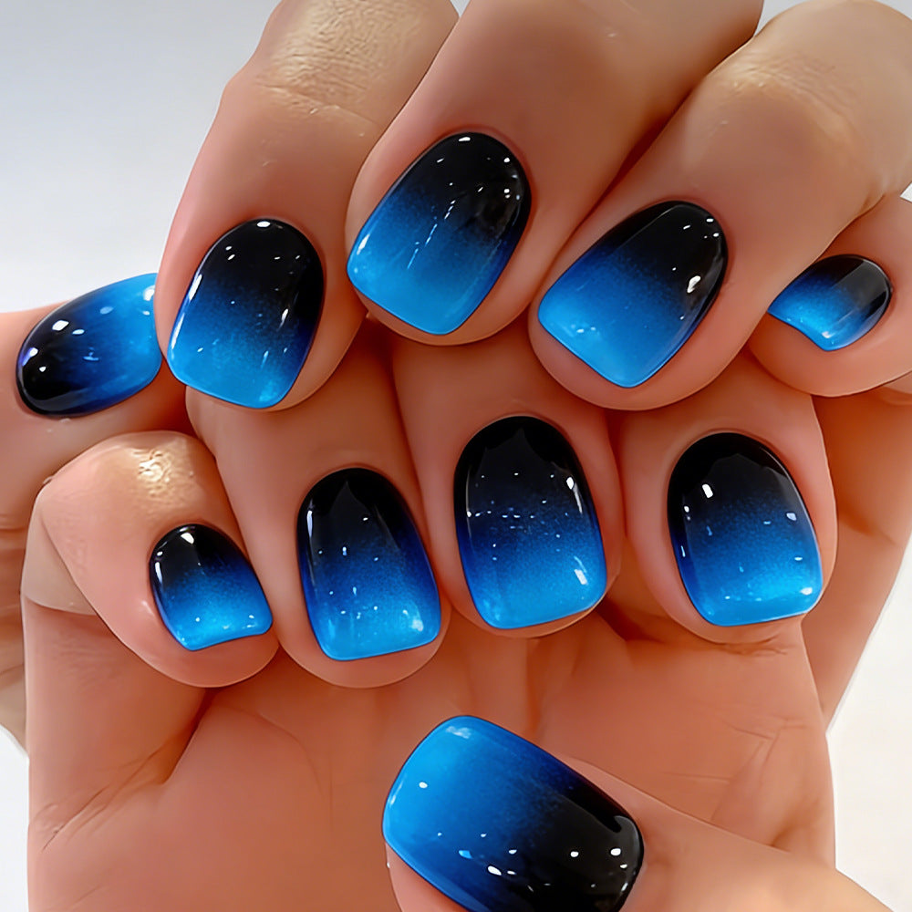 Ocean Breeze Chic Short Square Ombre Blue and Black Glossy Press On Nail Set with Stunning Gradient Finish