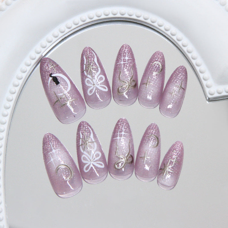Mystical Twilight Long Almond Pink Glitter Press On Nail Set with Celestial Designs