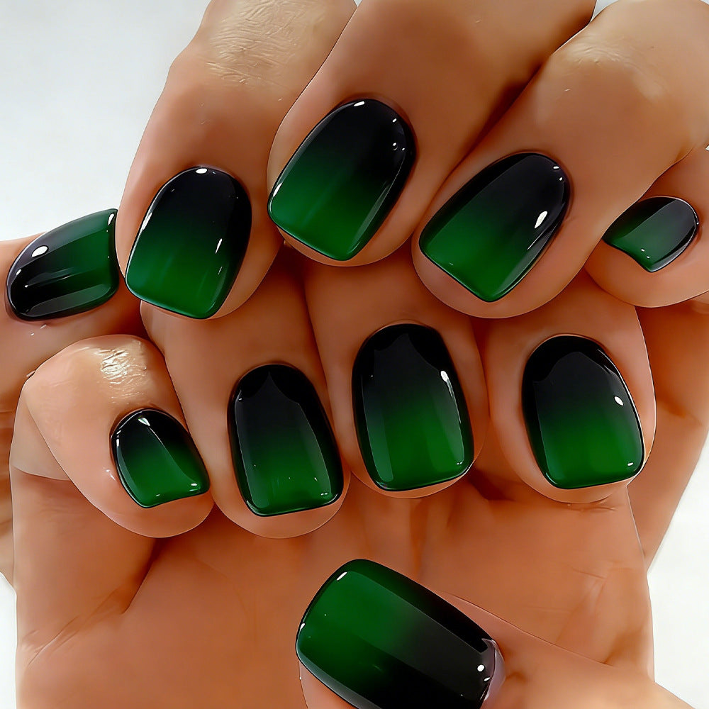 Mystical Forest Inspired Glossy ShortSquare Green Ombre Press-On Nail Set with Stunning Color Shift Feature