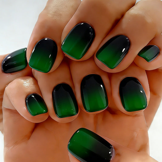 Mystical Forest Inspired Glossy ShortSquare Green Ombre Press-On Nail Set with Stunning Color Shift Feature