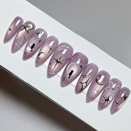 Mystical Night Dream Long Almond Lilac Press On Nail Set with Celestial Designs