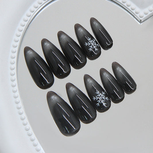 Winter Wonderland Long Almond Press On Nail Set in Black with Frosted Snowflake Designs