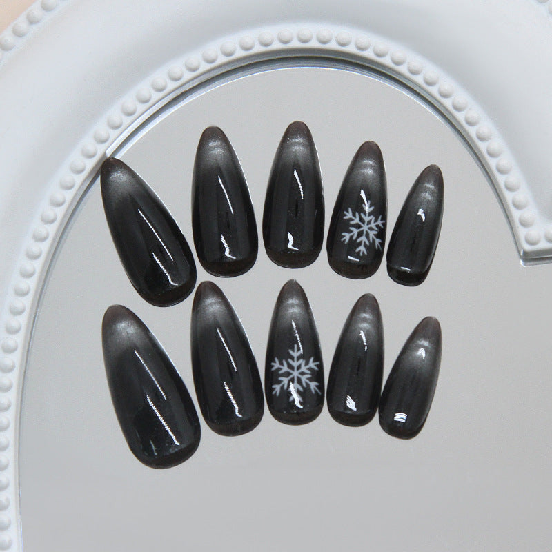 Winter Wonderland Elegant Long Almond Press On Nails in Midnight Black with Snowflake Accents