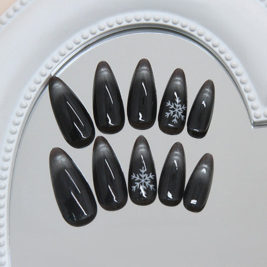 Winter Wonderland Elegant Long Almond Press On Nails in Midnight Black with Snowflake Accents