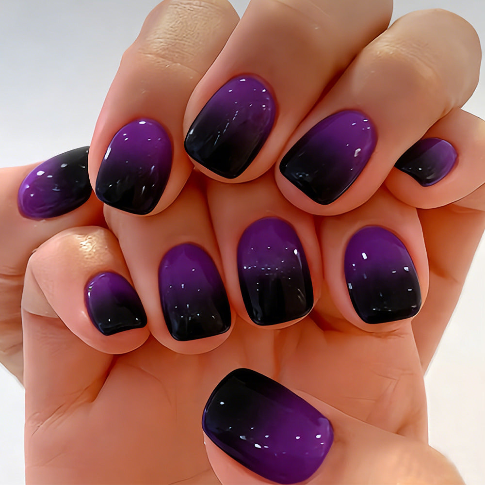 Mystical Night Ombre Short Square Purple with Black Fade Glossy Finish Press on Nail Set