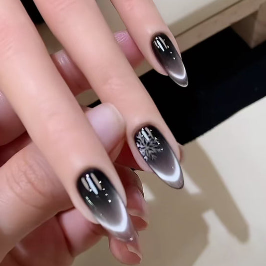 Winter Wonderland Elegant Long Almond Gradient Black and Gray Press On Nail Set with Stunning Snowflake Design