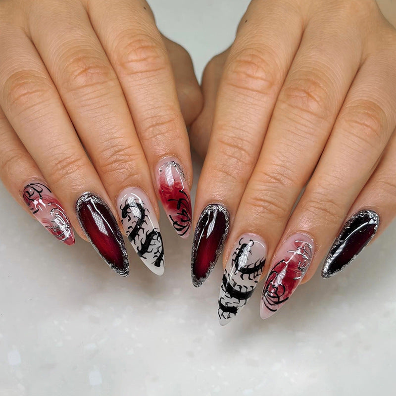 Gothic Elegance Elegant Long Stiletto Red and Black Press On Nail Set with Intricate Floral Design