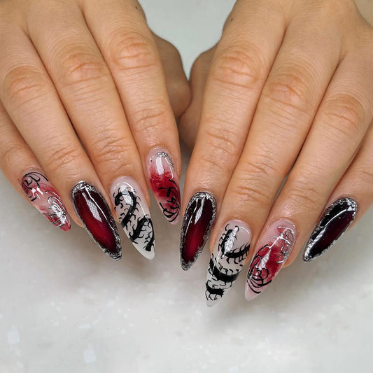 Gothic Elegance Elegant Long Stiletto Red and Black Press On Nail Set with Intricate Floral Design