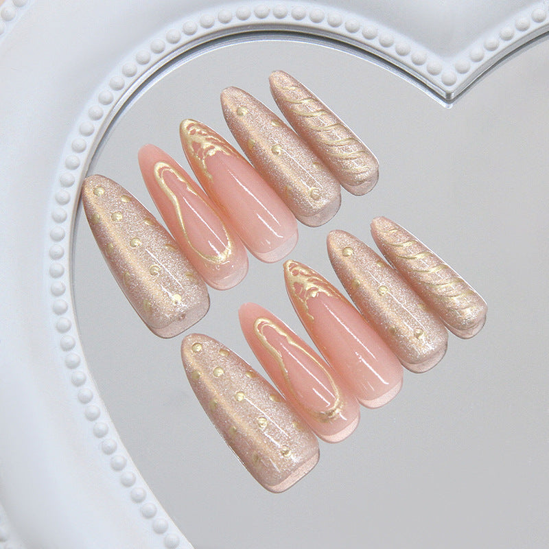 Blush Blossom Long Stiletto Press-On Nail Set in Pink with Elegant Gold Swirl Design