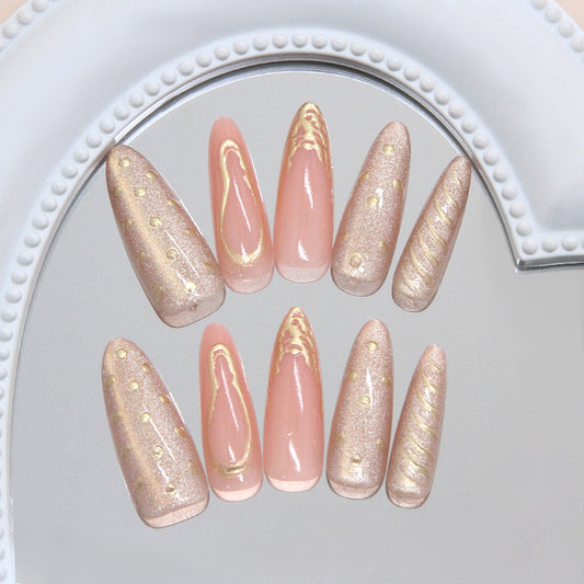 Mystical Elegance Long Stiletto Beige Pink Press On Nail Set with Stunning Gold Accents
