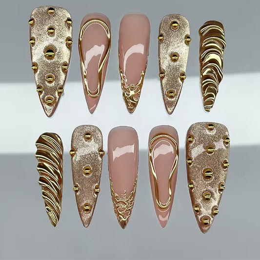 Glamorous Elegance Long Stiletto Shape Champagne Gold with Unique Textured Designs Press On Nail Set