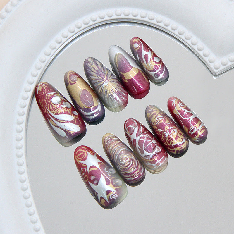 Elegant Floral Fantasy Long Almond Burgundy and Gold Swirl Press On Nail Set