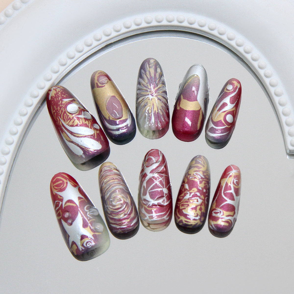 Elegant Floral Fantasy Long Almond Shape Burgundy and Gold Marble Effect Press On Nail Set