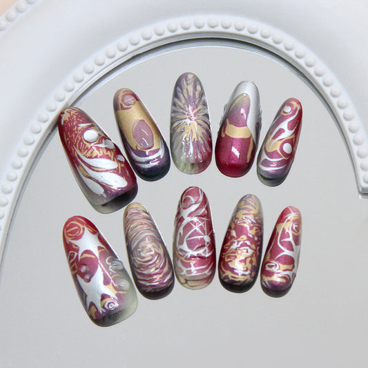 Elegant Floral Fantasy Long Almond Shape Burgundy and Gold Marble Effect Press On Nail Set