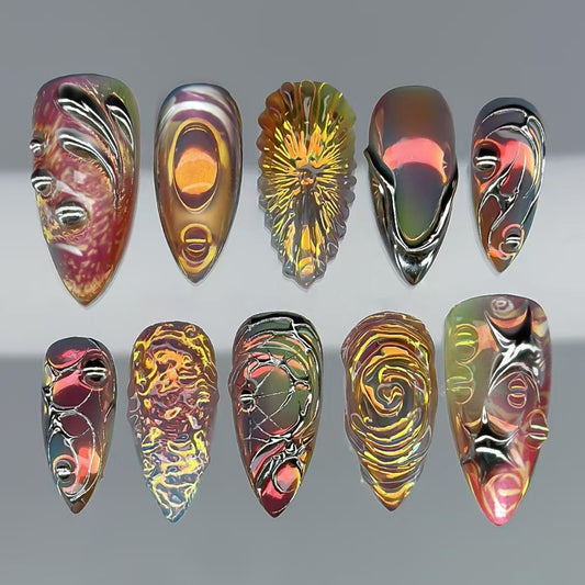 Celestial Dreams Iridescent Almond and Medium Almond Shape Press On Nail Set with Intricate Swirl Patterns and Unique Glossy Finish