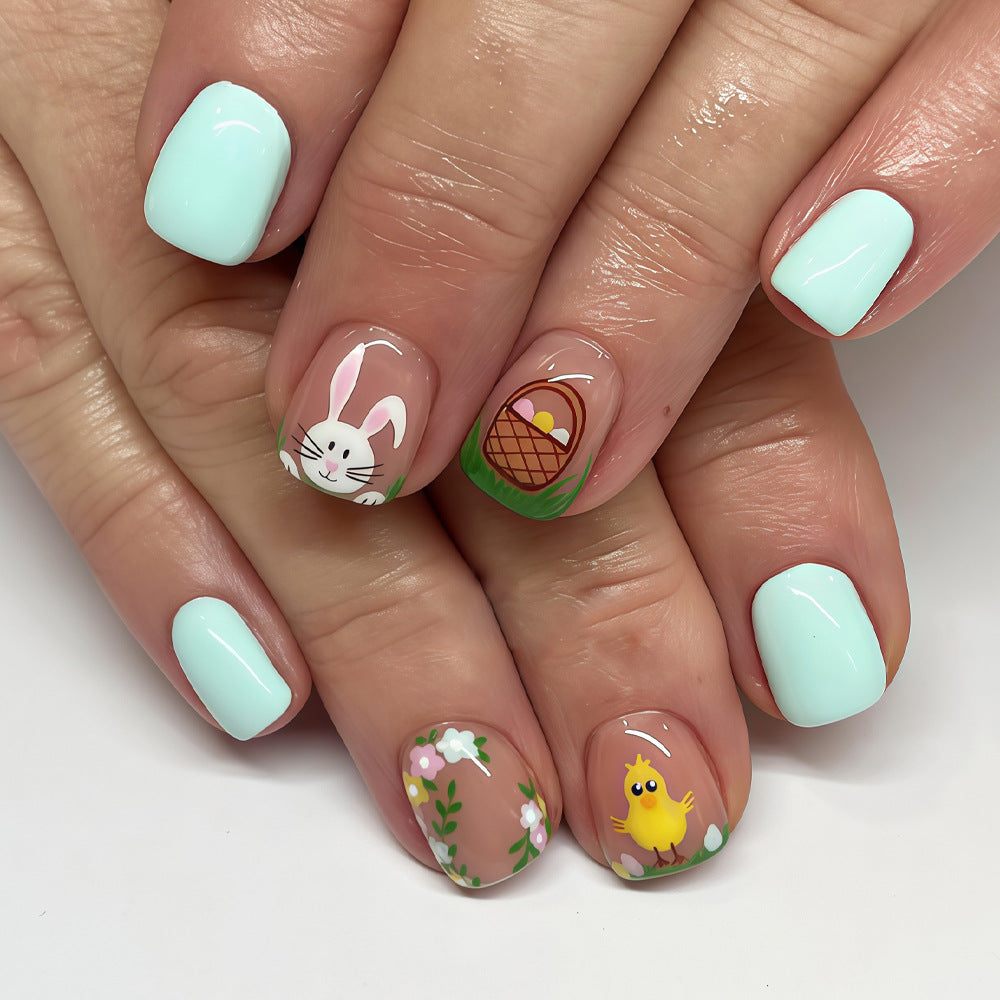 Easter Wonderland Short Square Mint Press On Nail Set with Adorable Bunny and Chick Designs