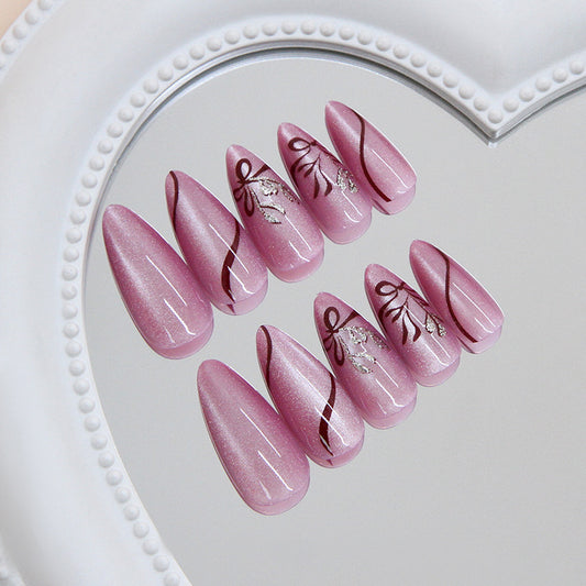 Charming Elegance Glossy Long Almond Pink Press On Nail Set with Delicate Floral Accents