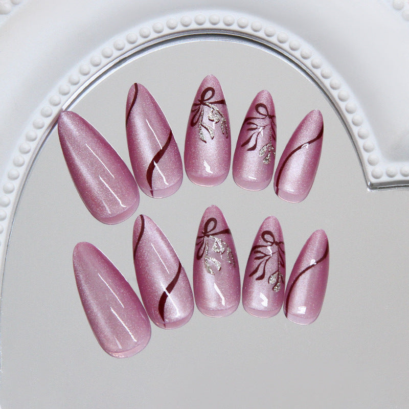 Romantic Elegance Long Almond Shaped Shimmering Pink Press On Nail Set with Floral Gold Accents