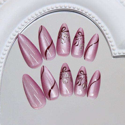 Romantic Elegance Long Almond Shaped Shimmering Pink Press On Nail Set with Floral Gold Accents