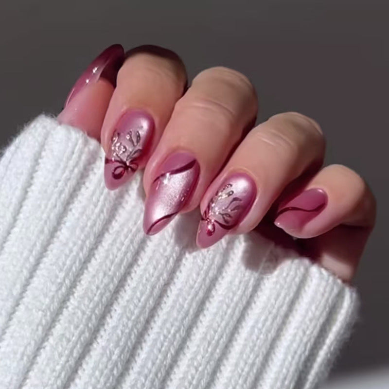 Romantic Blossom Midnight Long Almond Pink Ombre Artistic Detail Press-On Nail Set