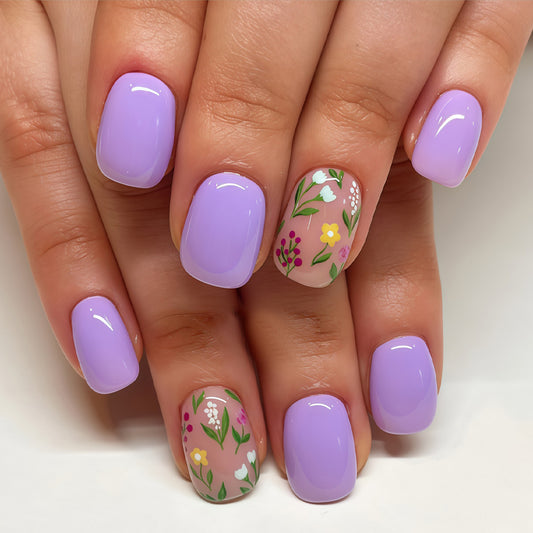 Whimsical Garden Soft Short Square Lavender Press On Nail Set with Floral Accents