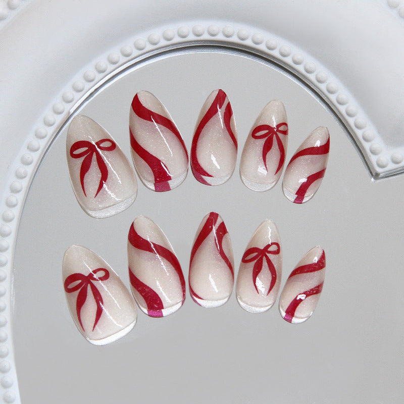 Festive Elegance Long Almond Shape Ivory with Red Bow Design Press On Nail Set