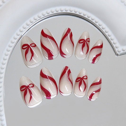Festive Elegance Long Almond Shape Ivory with Red Bow Design Press On Nail Set