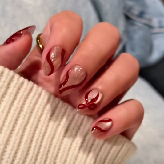 Chic Elegance Long Almond Red and Glitter Swirl Design Press on Nail Set