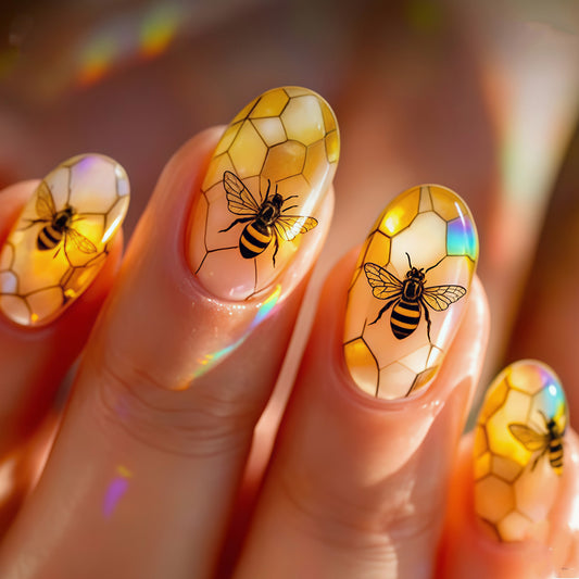 Honey Bee Bliss Short Oval Amber Press On Nail Set with Iridescent Honeycomb Design