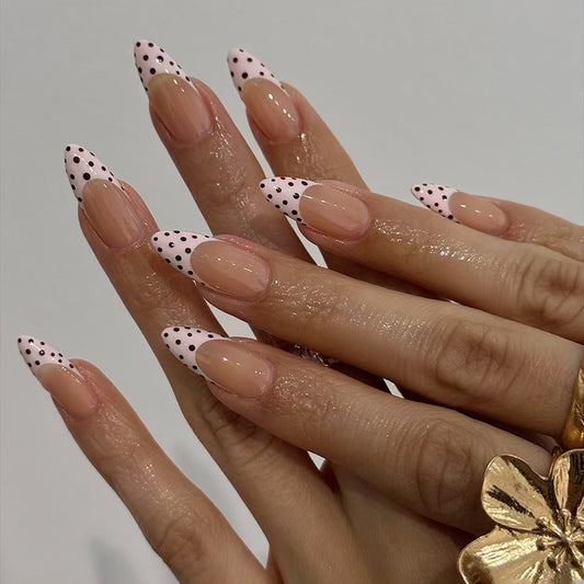 Chic Polka Dot Glamour Long Almond Shaped Long Pink and Black Dot Press On Nail Set