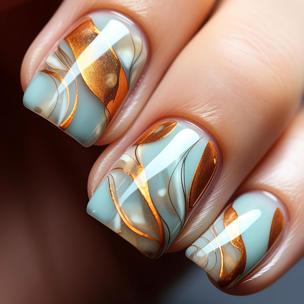 Elegant Ocean Inspired Short Square Aqua and Gold Veined Press On Nail Set