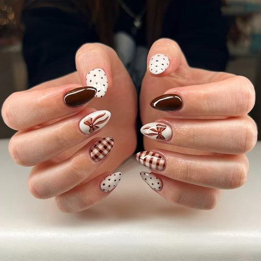 Chic Bakery Delight Long Almond Shape Brown and White Polka Dot Press on Nail Set with Cute Bow Accents