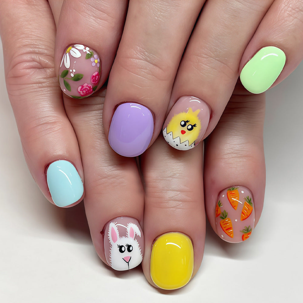 Bunny Blossom Delight Short Squoval Pastel with Charming Spring Patterns Press On Nail Set