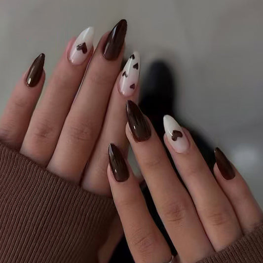 Chocolate Delight Long Almond Brown and White Heart Accent Press-On Nail Set