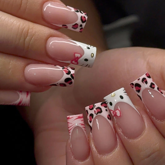 Whimsical Wonderland Medium Square Pink and White Nail Art Set with Charming Kitty and Leopard Design