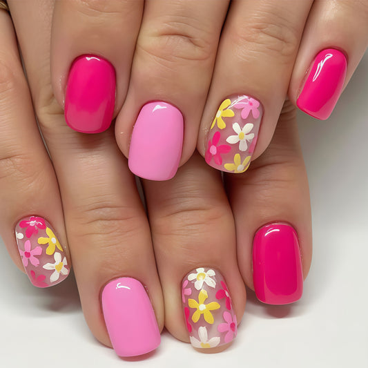 Floral Wonderland Medium Square Pink Press On Nail Set with Stunning Flower Art
