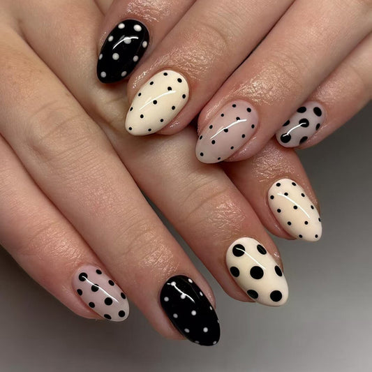 Chic Monochrome Elegance Press On Nail Set Short Round Shape Cream and Black Polka Dot Design for Trendy Style