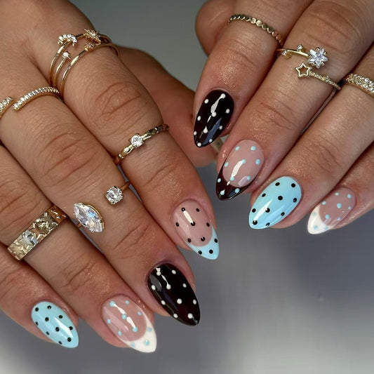 Chic Polka Dot Design Short Almond Shape Blue and Black with Unique Glossy Finish Press On Nail Set