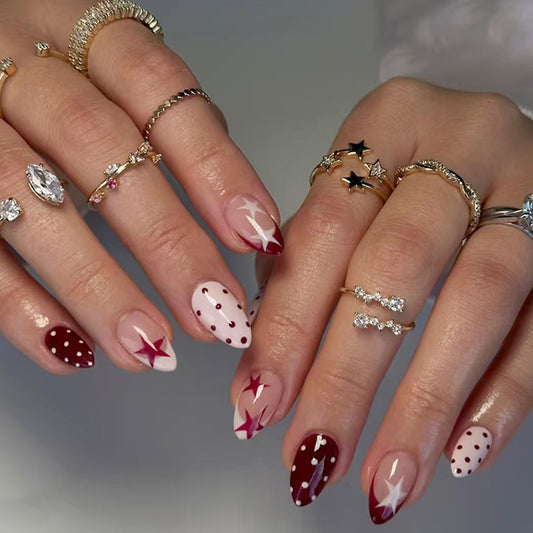 Celestial Elegance Short Almond Burgundy and Beige Starry Design Press On Nail Set